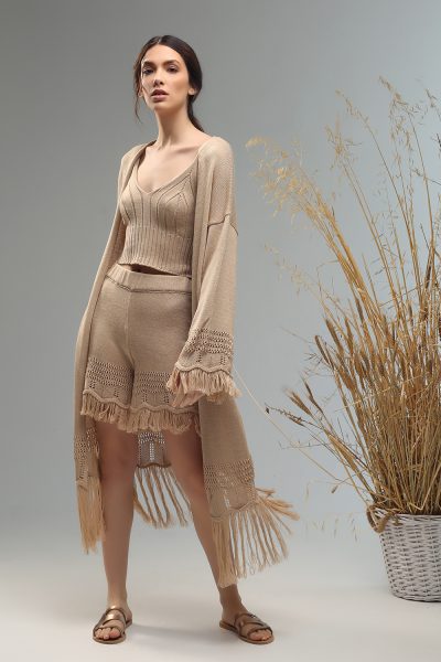 tassie boho cardigan knitted with fringes Nima liminal ss21 collection